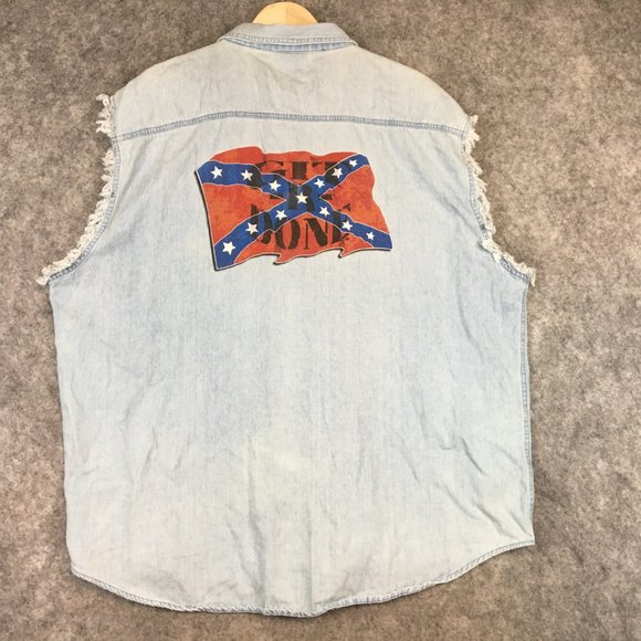 Larry the Cable Guy Shirt 2X Git R Done Cutoff Fringe Denim Button Up Rebel Flag - Picture 11 of 12